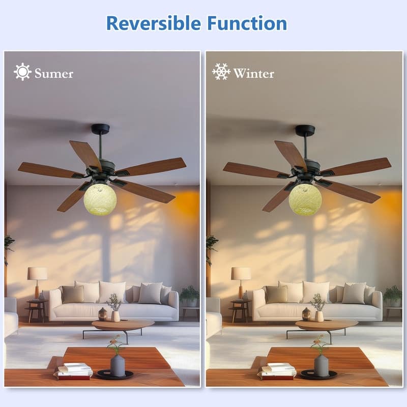 52 Inch Ceiling Fans with Lights and Remote, Reversible Airflow, Noiseless for Bedroom, Living Room, Indoor/Outdoor Use
