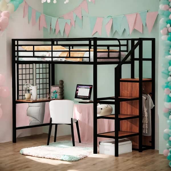 slide 2 of 13, Twin Size Metal Loft Bed with Desk and Metal Grid, Stylish Metal Frame Bed with Lateral Storage Ladder and Wardrobe, Black Black