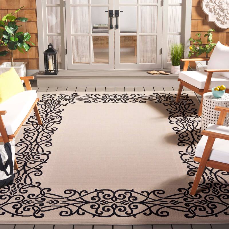 SAFAVIEH Courtyard Marylou Waterproof Patio Backyard Rug - 8' x 11' - Sand/Black