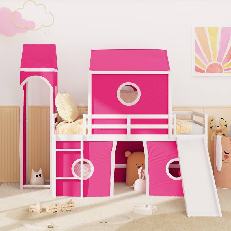 Twin Size Loft Bed with Slide, Pink Tent, and Tower - Space-Saving Fun Design