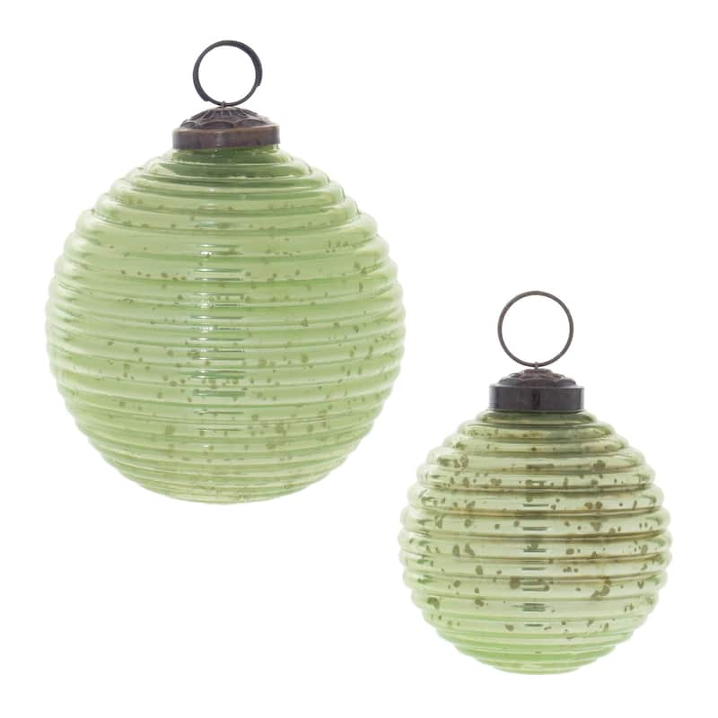 Green Ribbed Glass Ball Ornaments Set of 6 Christmas Tree Decor - 2.5" x 2.5" x 2.75"
