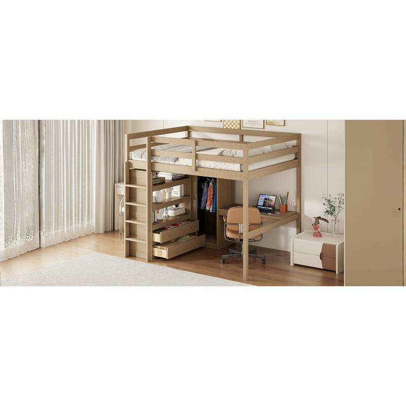 Roomfitters Full Size Loft Bed with Wardrobe, Desk and Storage Shelves