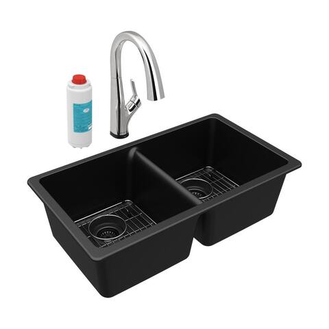 Elkay Quartz Classic 33" x 18-1/2" x 9-1/2", Equal Double Bowl Undermount Sink Kit with Filtered Faucet
