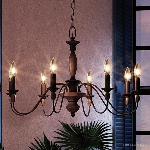Luxury Americana Chandelier, 19.5"H x 29"W, with Shabby Chic Style, Stained Wood Corinthian Stem, Rustic Bronze Finish (60 to 100 Watts - Steel - - Chandeliers For Bedrooms by Overstock.com
