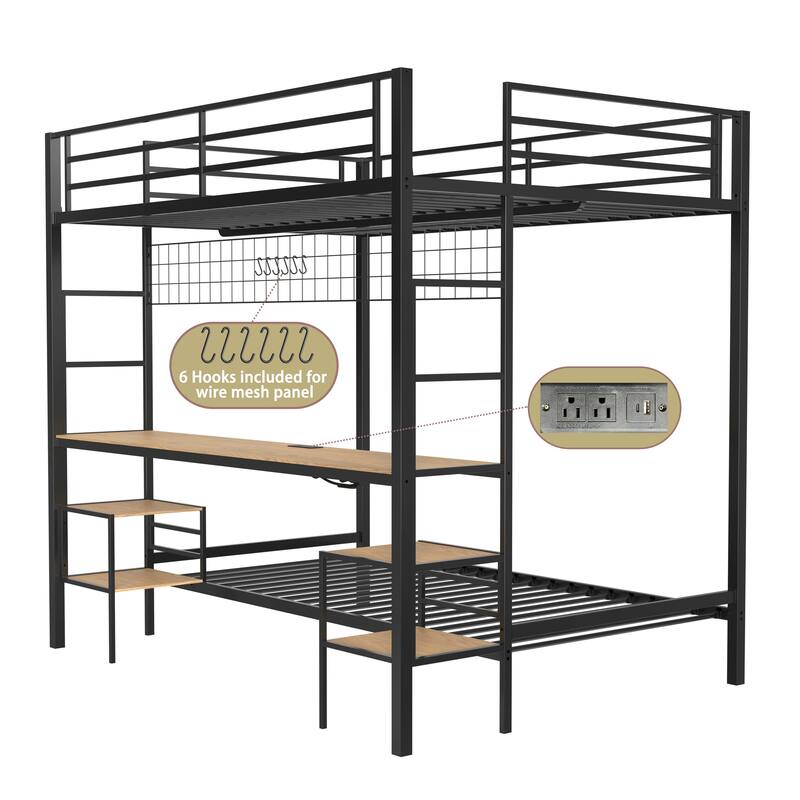 Full Over Twin Bunk Bed with Desk and Charging Station and Storage Shelves and Metal Wire Mesh Panel with Hooks,Guard & Stairs