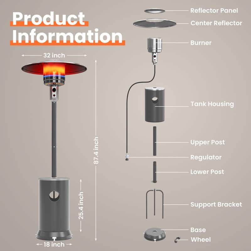 48000 BTU Propane Standing Patio Heater with Cover - N/A