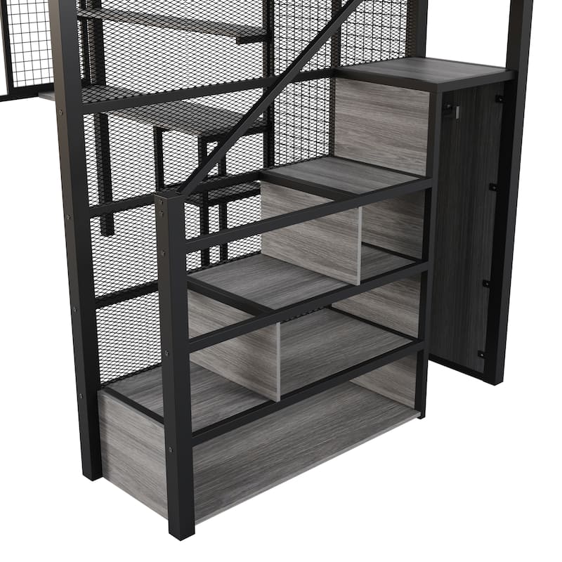 Full Size Metal Loft Bed with Wardrobe, Built-in Wood Tabletop Desk, Storage Shelves and Storage Stairs for Bedroom