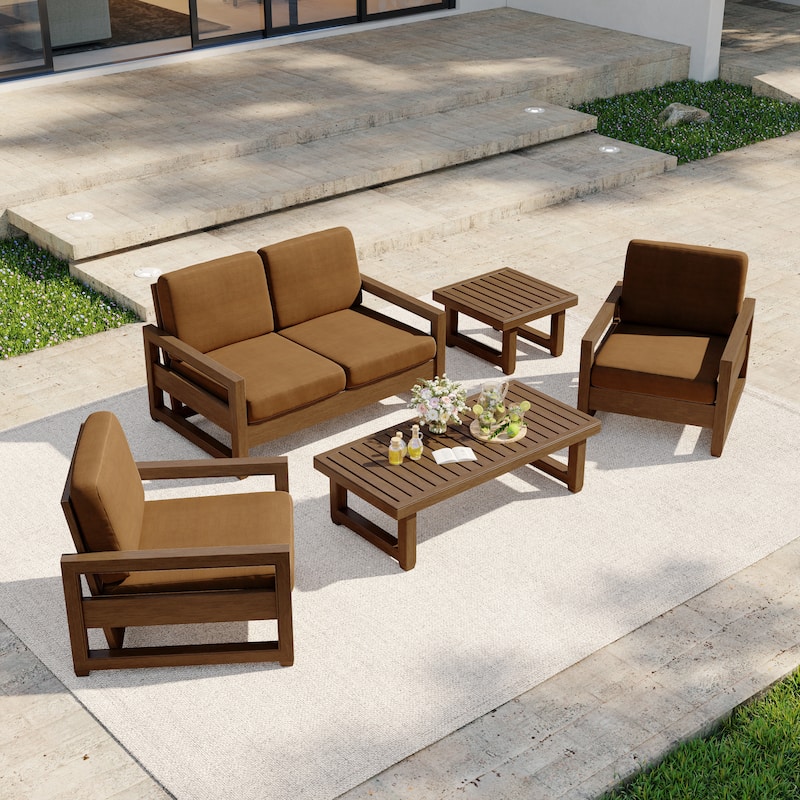 5-Piece Outdoor Solid Teak Wood Patio Conversation Set - Brown - BrownFrame