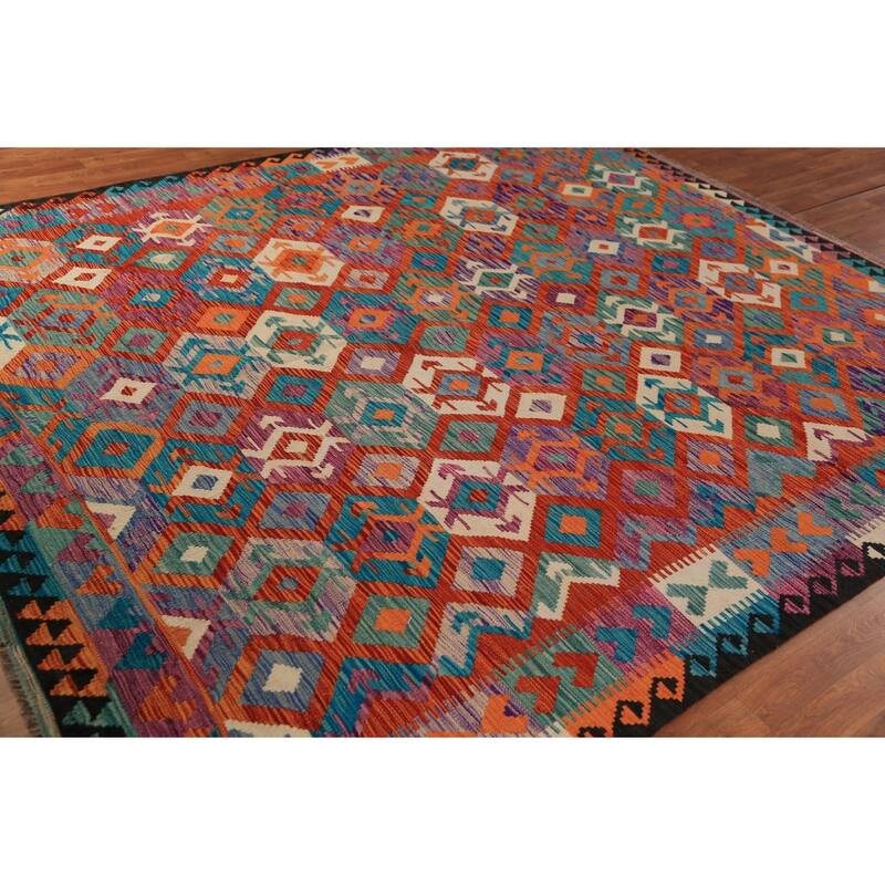 All-Over Geometric Kilim Oriental Area Rug Flatweave Wool Carpet - 8'4" x 9'8"