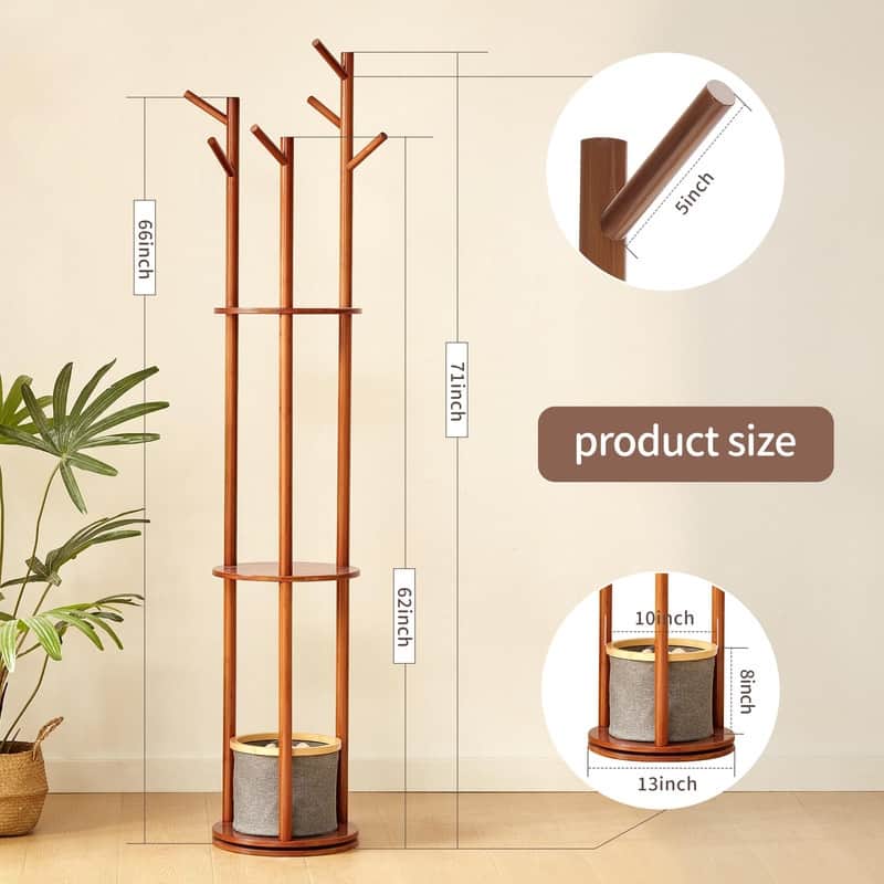 Wooden Coat Rack - 14.96"D x 14.96"W x 66.93"H