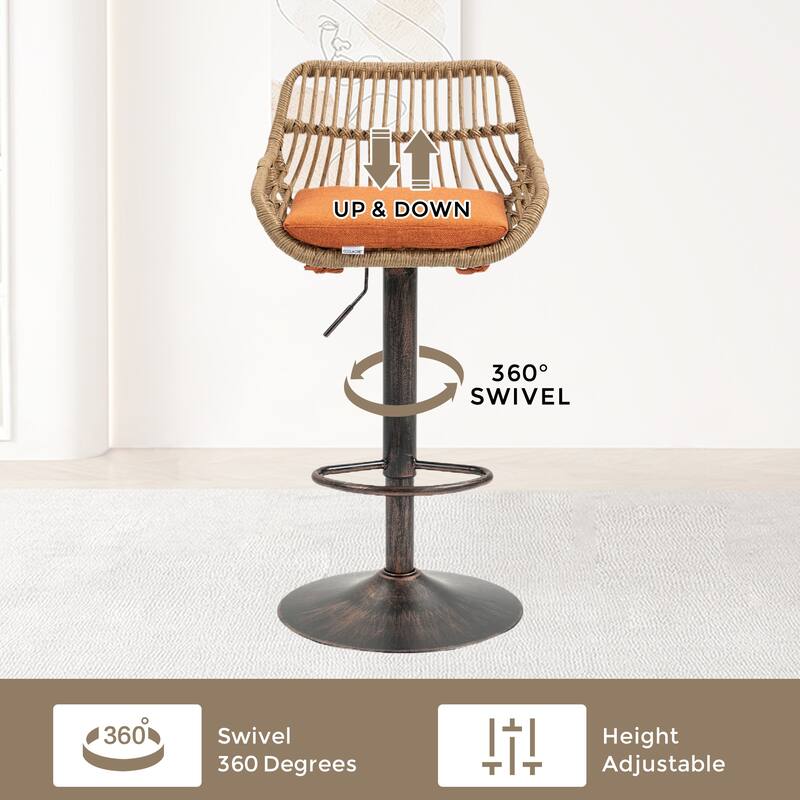 360° Swivel Bar Stools Set of 2, Adjustable Counter Height Chairs with Footrest, Rattan Bar Chairs with Cushions