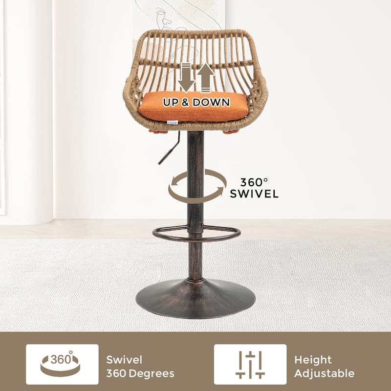 Set of 2 Modern Swivel Bar Stools, Adjustable Counter Height with Footrest, Orange