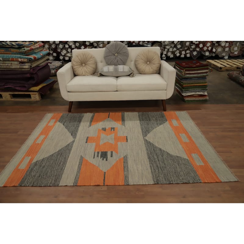 Hand Woven Oriental 100% Wool Carpet Southwestern Modern Greys & Charcoal Kilim Area Rug - 6' 8'' X 4' 9''