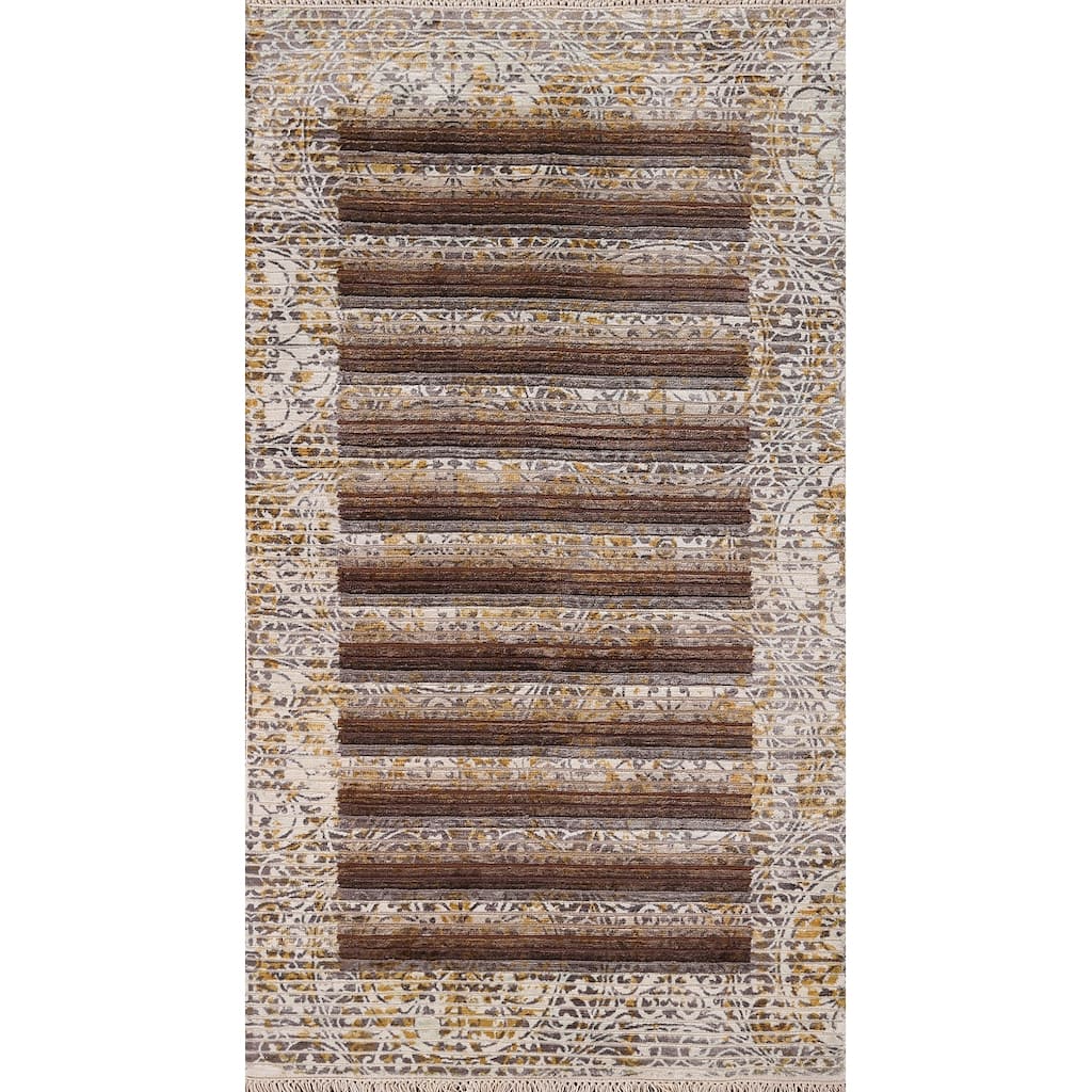 Striped Abstract Oriental Modern Accent Rug Hand-Knotted Wool Carpet - 2'9" x 4'10"