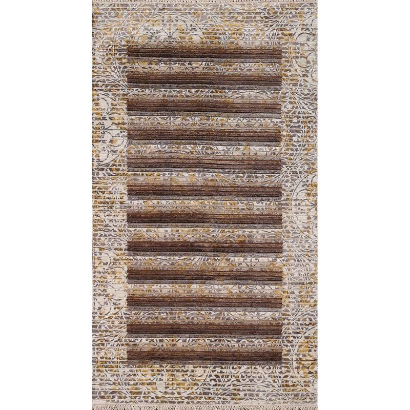 Striped Abstract Oriental Modern Accent Rug Hand-Knotted Wool Carpet - 2'9" x 4'10"