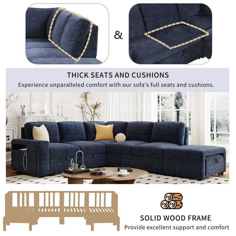 Modern L-Shaped Sofa Bed with USB Charging, Hidden Storage, and Cup Holders