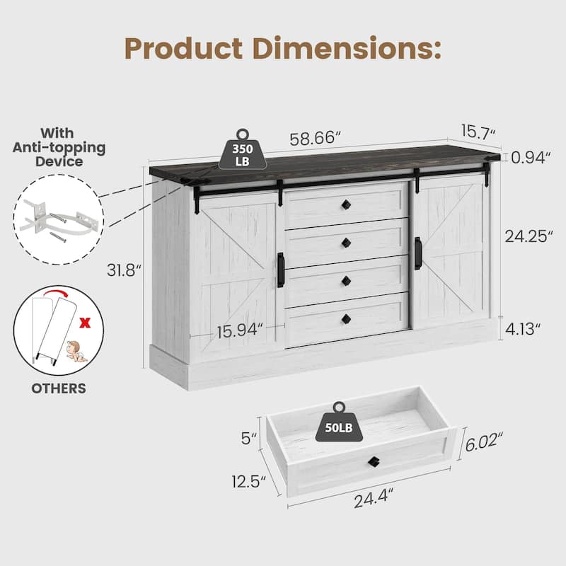 4-Drawers Dresser,with Sliding Barn Doors, 45"