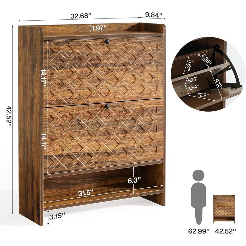 2 Flip Drawer Shoe Storage Cabinet with Open Shelf for Entryway - 32" Wide