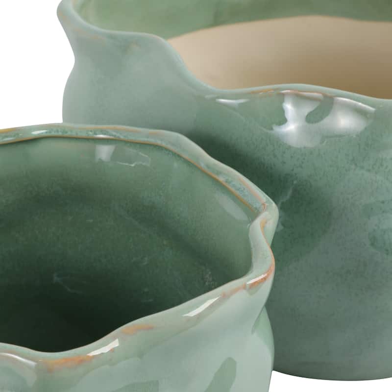 Stoneware Ceramic Round Wavy Edge Planters Decorative Pot (Set of 2) - 12" x 12" x 9"
