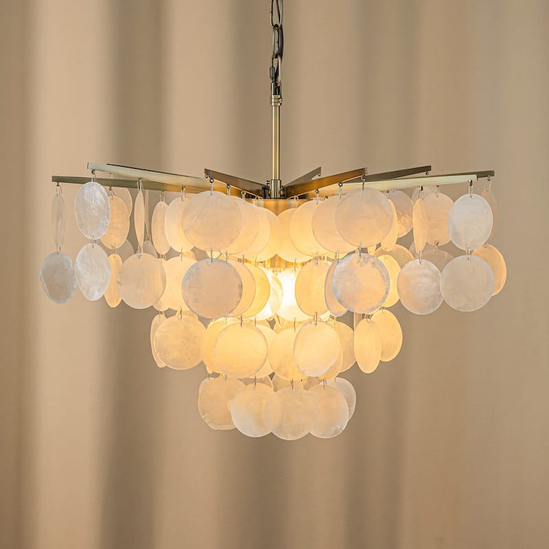 Cone Shape Tier Coastal Capiz Shells Chandelier With Antique Gold Metal - W21.6"