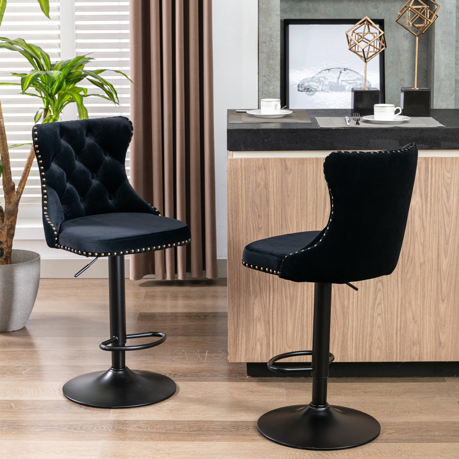 Set of 2 Swivel Velvet Bar Stools, Chrome Base & Tufted Back, Adjustable Height 25-33" for Kitchen Island - Black