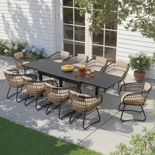 7/11PC Outdoor Aluminum Expandable Patio Dining Sets Extension Table with Rattan Chair