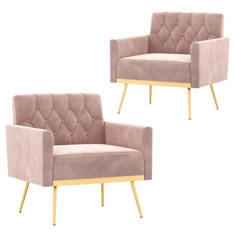 Gymax 2PCS Modern Velvet Accent Chair w/ Button Tufted Back Golden - Pink