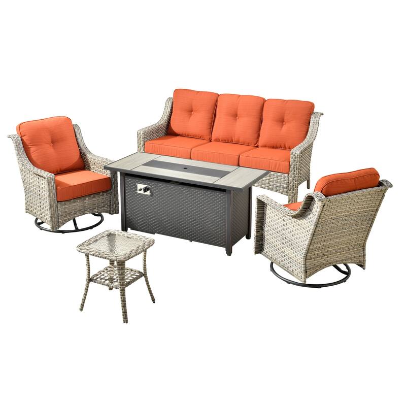 HOOOWOOO 5-piece Rattan Outdoor Patio High Back Swivel Chair Set with 54"Fire Pit