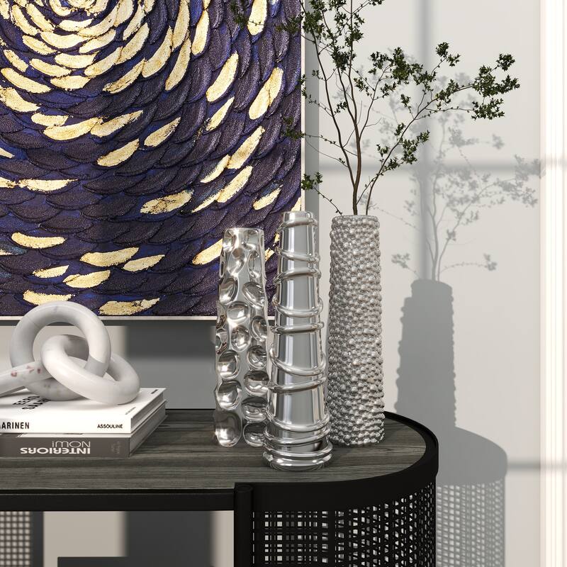 CosmoLiving by Cosmopolitan Sleek Ceramic Glam Vase with Varying Patterns (Set of 3) - Silver, Gold, Dark Blue, White