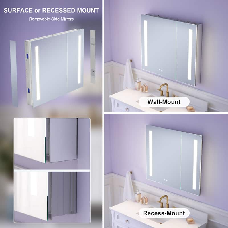 Recessed or Surface 30" H LED Mirror Cabinet with Adjustable Glass Shelves,Defogger, Dimmer And Outlets & USB Ports