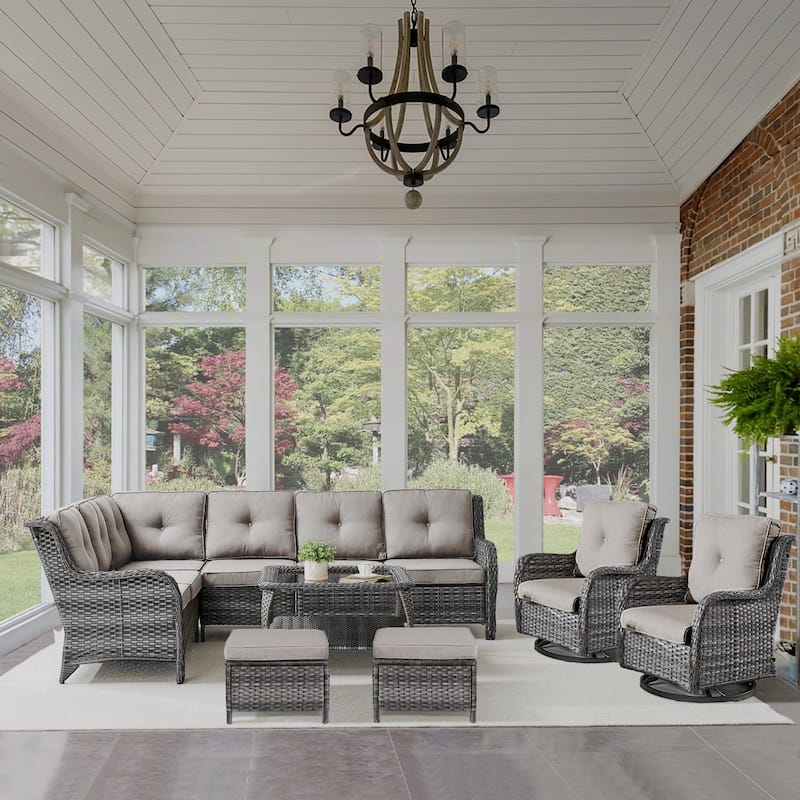 Outdoor Sectional Sofa Furniture Set - Grey Rattan - Grey Cushion - Sectional Sofa with Chair Ottoman and Table