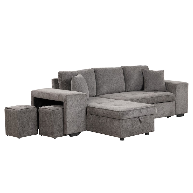104.5" Linen L-Shaped Sectional Sofa Bed with Stools