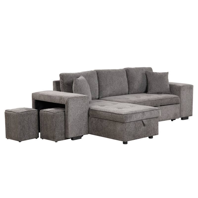 Convertible Sleeper Sectional Sofa, Reversible Sofa with Pull-Out Bed, Storage Chaise & 2 Stools, Linen Upholstered 4 Seat Sofa