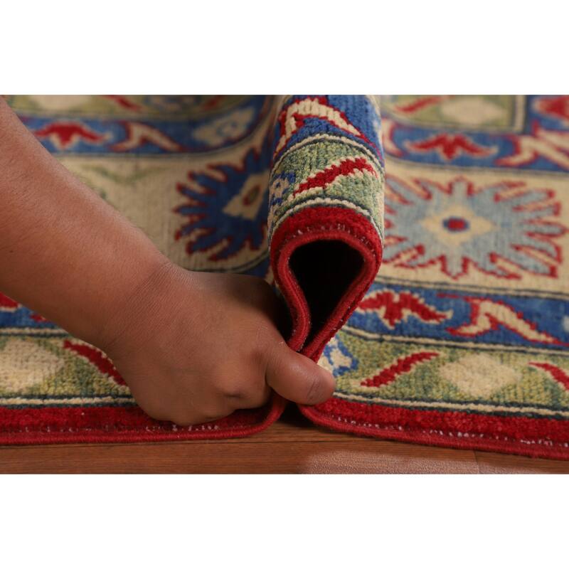 Geometric Red Kazak Oriental Area Rug Living Room Handmade Wool Carpet - 6'7" x 9'10"