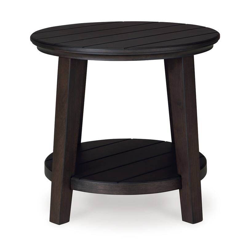 Liu Side End Table w Bottom Shelf, 26 Inch Round Cherry Brown Plank