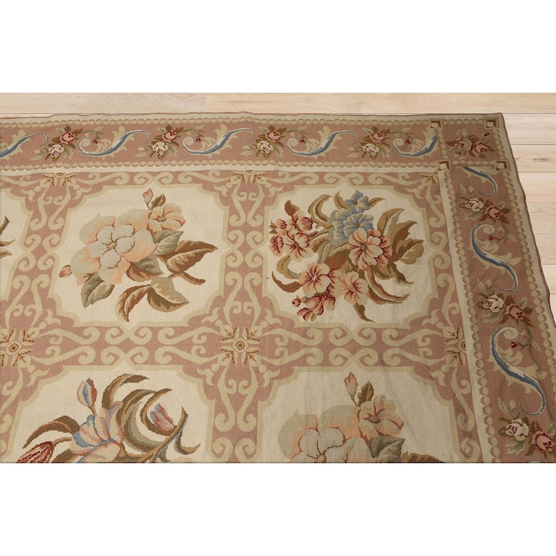 Hand Woven Beige Multi Aubusson Wool Traditional Oriental Area Rug - 9' 8'' x 11' 8''
