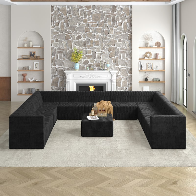163.39" Corduroy U-Shaped Modular Sectional Sofa with Sleeper (9-Seat) - Black