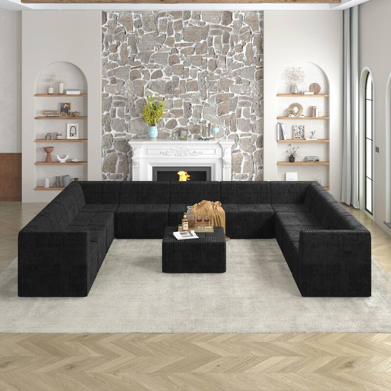 Roomfitters U-Shape Modular Sectional Sofa, Oversized Corduroy Sleeper Couch, Modern Space-Saving Design for Living Room - Black