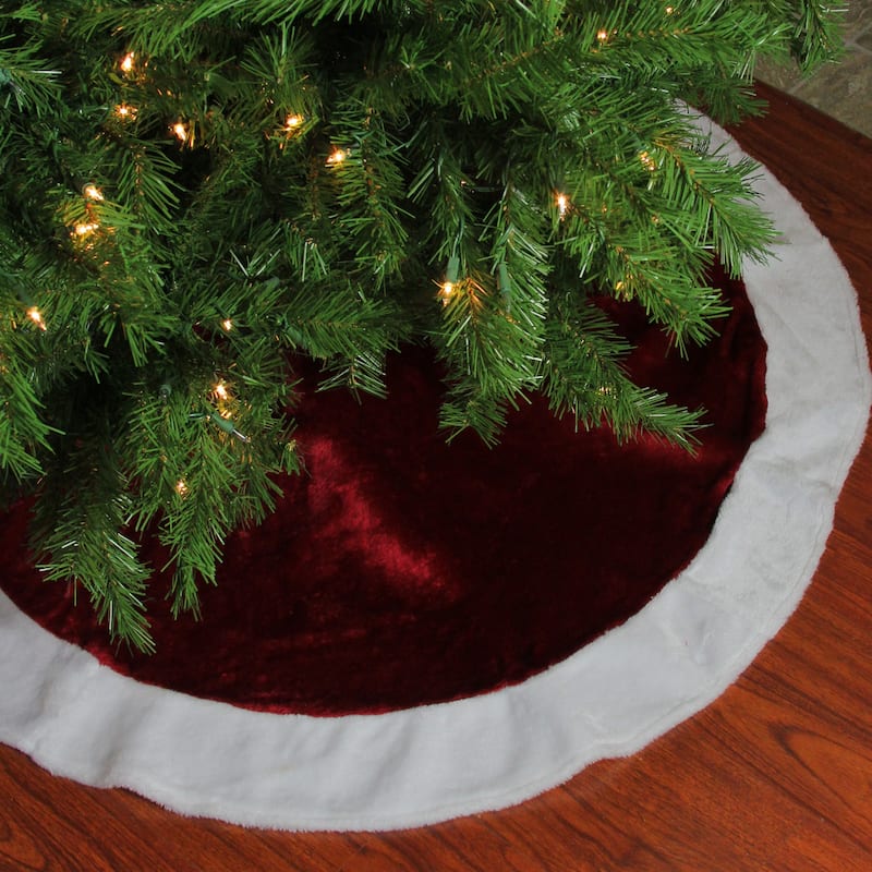 48" White and Burgundy Plush Christmas Tree Skirt