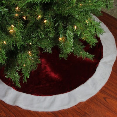48" White and Burgundy Plush Christmas Tree Skirt - 48