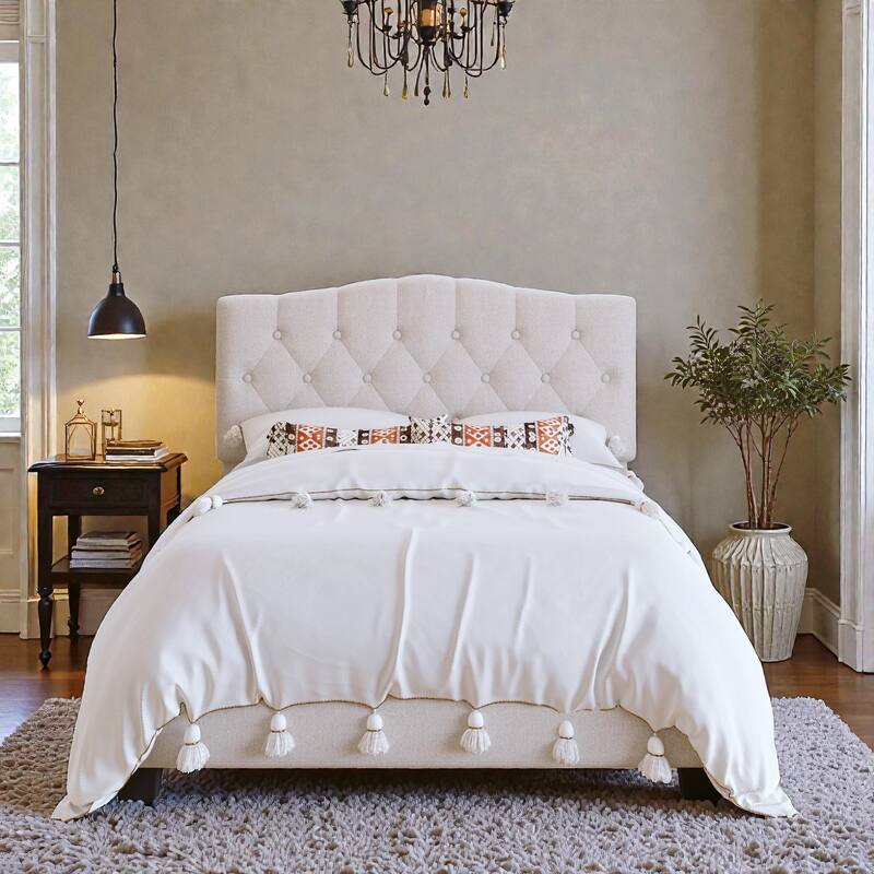 Upholstered Platform Bed with Adjustable Saddle-Curved Diamond Tufted Headboard, Wooden Slats and Metal Support