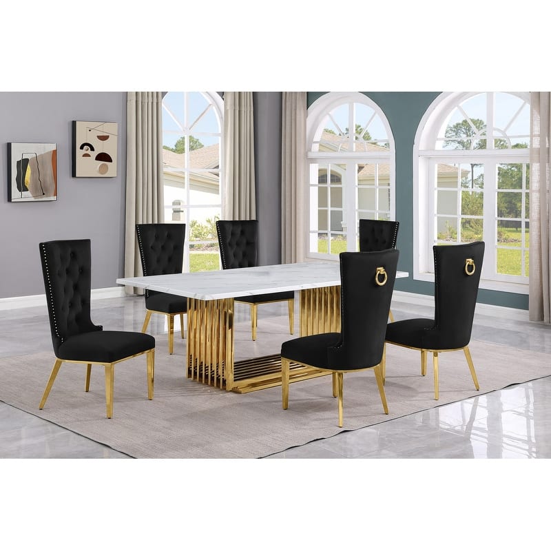Best Quality Furniture D312/3-SC330-7 Dining Set with 79" White Marble Top - 7-Piece - Black / Gold
