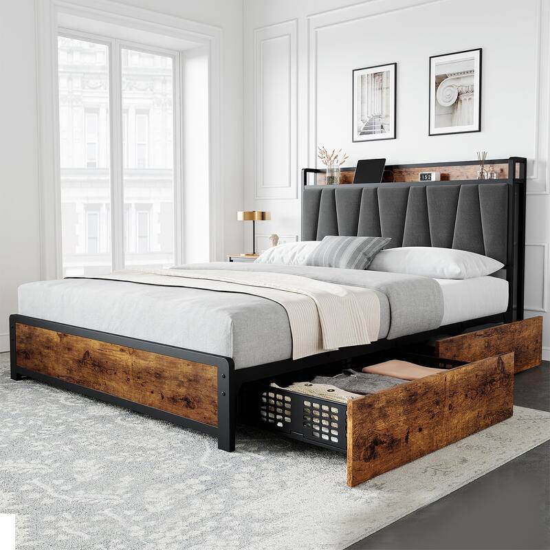 Upholstered Headboard Bed Frame with 4 Storage Drawers - Queen
