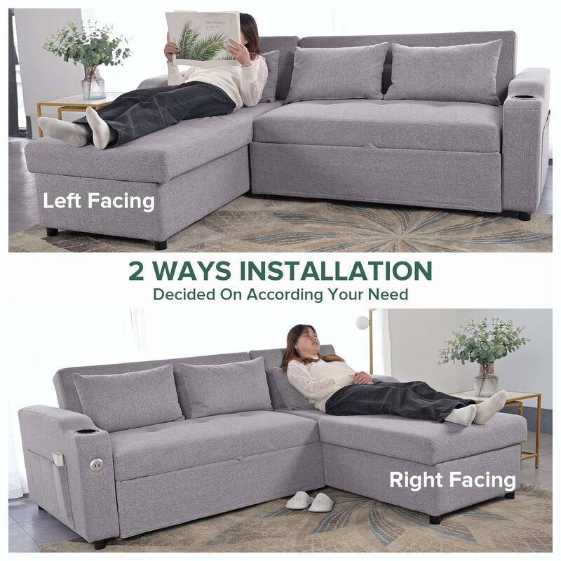 84" 3 in 1 Linen Sleeper with USB Ports and Cup Holders