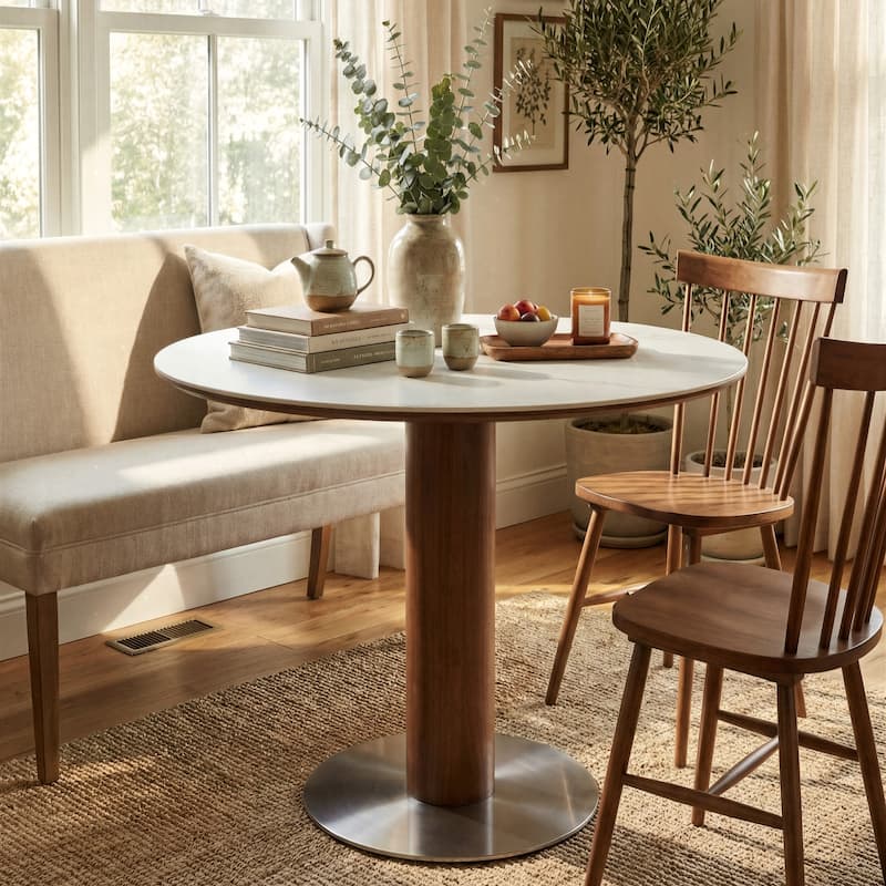 31.5 Inch Round Dining Table for 2-4, Solid Wood Circle Kitchen Table with Stainless Steel Pedestal, Sintered Stone Top