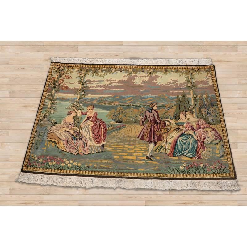 Hand Knotted Beige,Black 100% Wool Pictorial Oriental Area Rug - 3' 2'' x 4' 10''