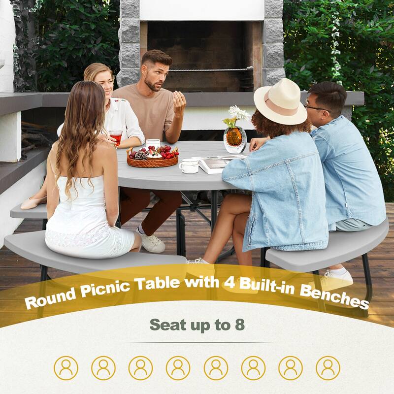Costway Outdoor 8-person Round Picnic Table Bench Set with 4 Benches & - See Details