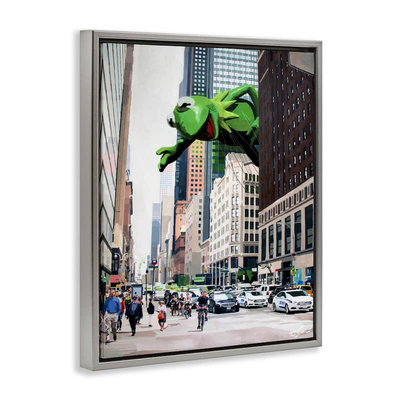 Stupell Frog Character over City Framed Floater Canvas Wall Art Design By Keith Thomson