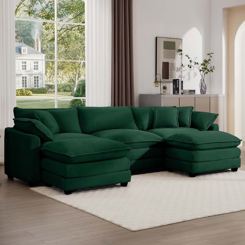 115" Corduroy Cloud Upholstered Modular U-Shaped Sectional Sofa with 2 Removable Ottoman and Free Combination Design