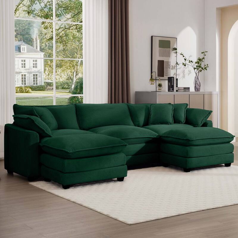 Plush Corduroy U-Shaped Modular Sofa with Convertible Ottoman - 3 Seat Sectional Sofa Bed